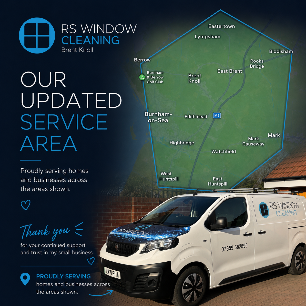 RS Window Cleaning service area map, from Eastertown and Lympsham down to West and East Huntspill, with the liveried van